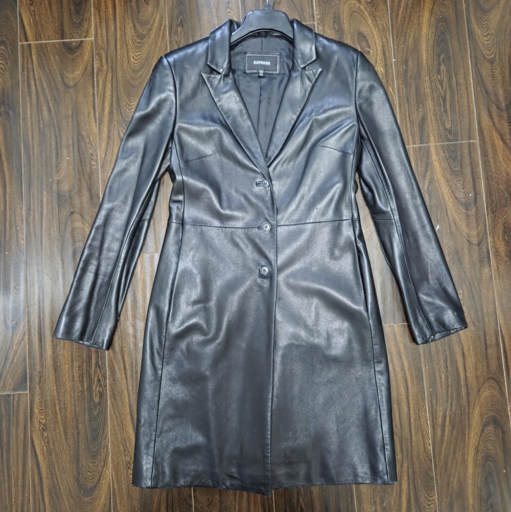 Express Black Leather Long Jacket / Trench Coat